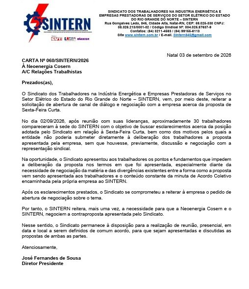 Carta do SINTERN à Neoenergia sobre a Sexta-feira Curta