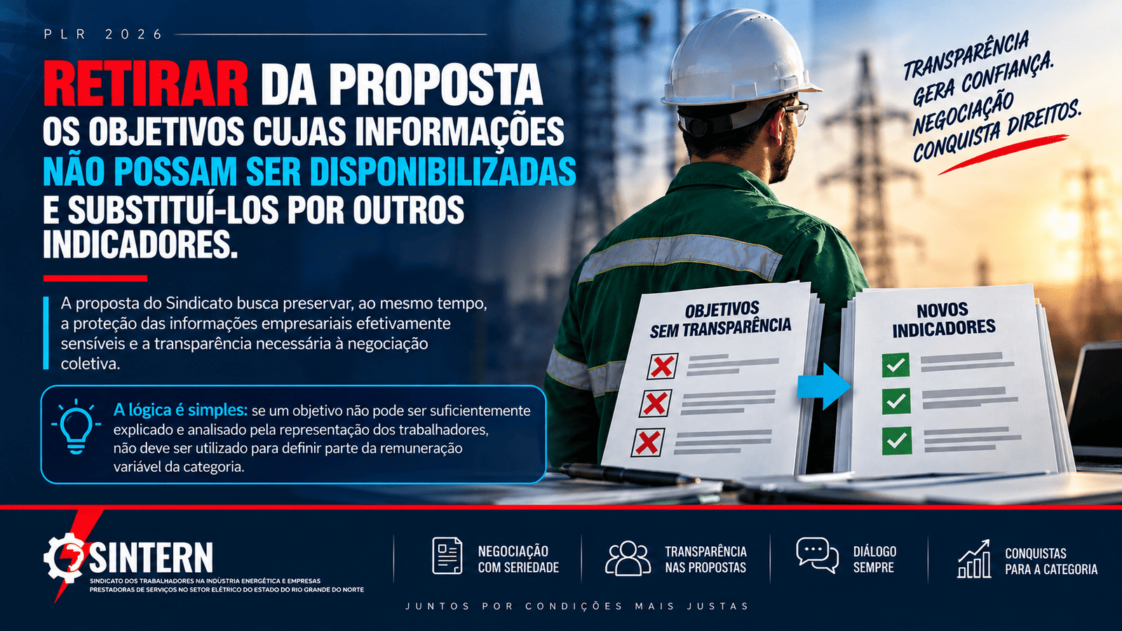 Banner do SINTERN: retirar da proposta os objetivos cujas informações não possam ser disponibilizadas e substituí-los por outros indicadores. A proposta do Sindicato busca preservar, ao mesmo tempo, a proteção das informações empresariais efetivamente sensíveis e a transparência necessária à negociação coletiva. A lógica é simples: se um objetivo não pode ser suficientemente explicado e analisado pela representação dos trabalhadores, não deve ser utilizado para definir parte da remuneração variável da categoria.